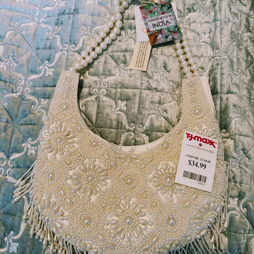 Cream Crescent Embroidered Shoulder Bag